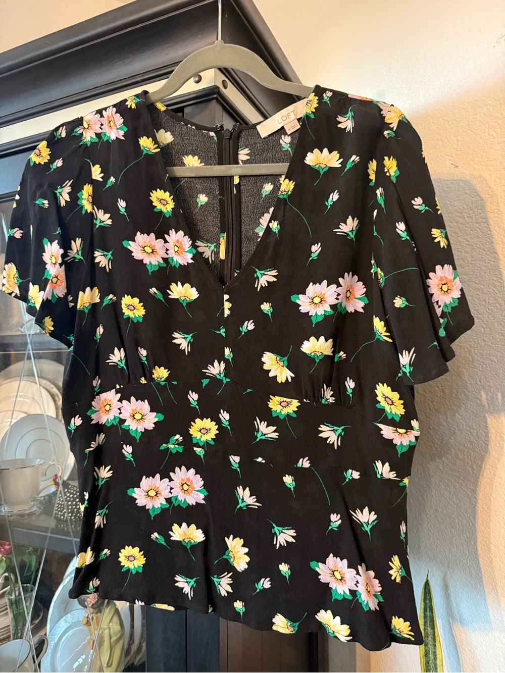 LOFT Black Floral V-Neck Short Sleeve Top with Yellow & Green Blooms